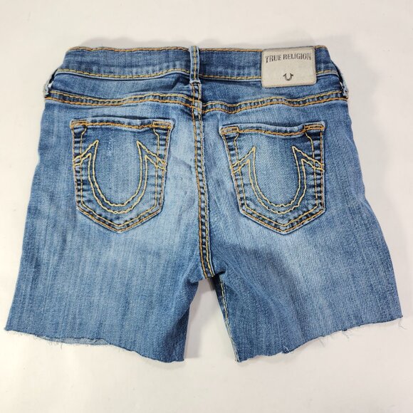True Religion Casey Women 27 Mid Cut Off Blue Denim Jean Shorts Inseam 4" - Picture 1 of 12